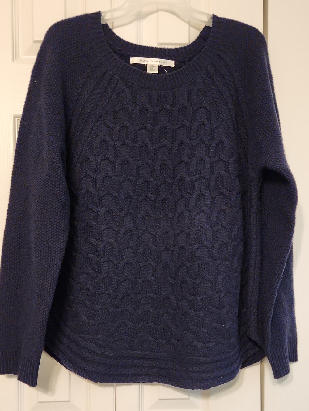 Max Studio Navy Blue Cable Knit Crewneck Sweater Size XL NWT Wool Blend